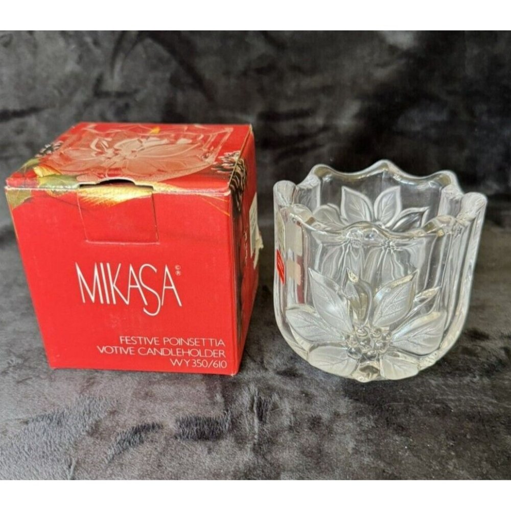 NEW 1990s Mikasa Festive Poinsettia Votive Candleholder Crystal Cut Glass